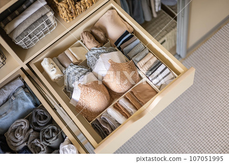 Modern wardrobe with stylish women's clothing. Drawer with underwear, t-shirts, socks and shorts. The concept of storage and order. 107051995