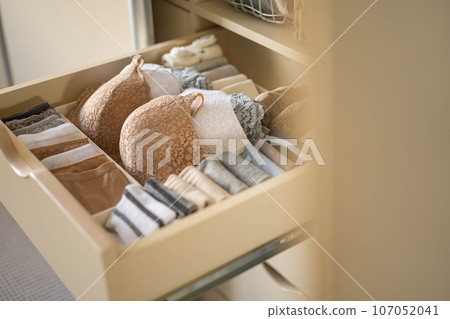 Modern wardrobe with stylish women's clothing. Drawer with underwear, t-shirts, socks and shorts. The concept of storage and order. 107052041