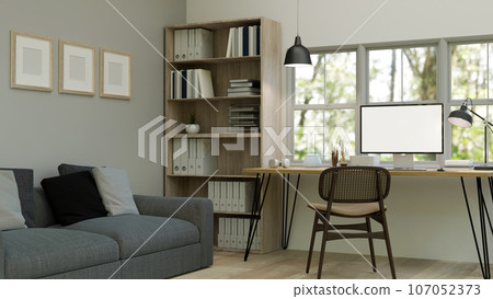 A modern private office or home office interior design with a computer mockup on a desk. 107052373