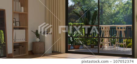 Interior design of a modern, contemporary room with balcony. Living room with balcony or terrace. 107052374