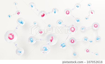 Molecular chemical formula H2O. Water molecules pink blue color. Ball and Stick chemical structure model. Concept science or Cosmetic industry. Molecular chemical formula H2O. Water molecules pink blue color. Ball and Stick chemical structure model. Concept science or Cosmetic industry. 107052618