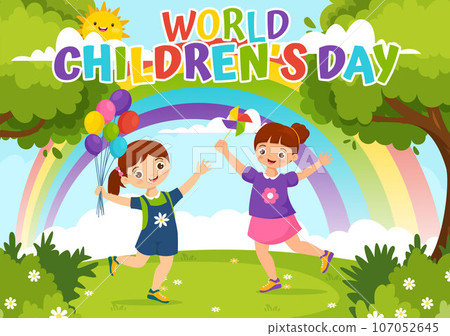 World Children's Day Vector Illustration on 20 November with Kids and Rainbow in Children Celebration Cartoon Bright Sky Blue Background Design 107052645