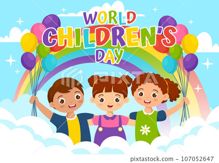 World Children's Day Vector Illustration on 20 November with Kids and Rainbow in Children Celebration Cartoon Bright Sky Blue Background Design 107052647