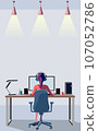 Rear view of a woman operating a computer in a bright room. remote work. Freelance. Side job. 107052786