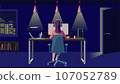 Rear view of a woman operating a computer in a dark room. remote work. Freelance. Side job. game. 107052789
