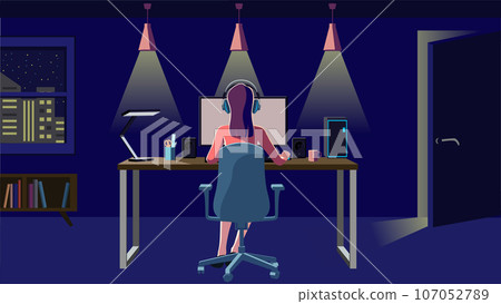 Rear view of a woman operating a computer in a dark room. remote work. Freelance. Side job. game. Rear view of a woman operating a computer in a dark room. remote work. Freelance. Side job. game. 107052789