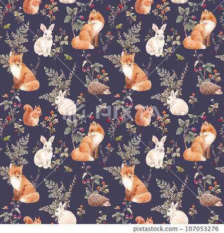 Beautiful seamless pattern with hand drawn watercolor forest fox hare hedgehog and squirrel animals and plants with berries. Stock illustration. Popular design. Beautiful seamless pattern with hand drawn watercolor forest fox hare hedgehog and squirrel animals and plants with berries. Stock illustration. Popular design. 107053276