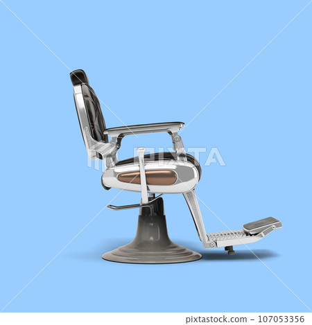 Retro black leather barber chair with chrome inserts right view 3d render on blue 107053356