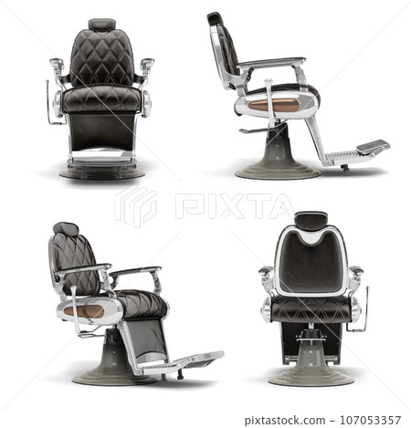 Set of Retro black leather barber chairs with chrome inserts 3d render on white 107053357