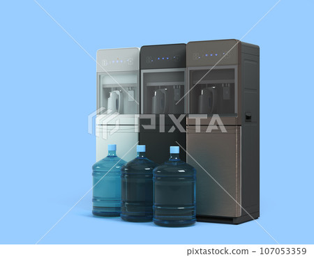 Modrn set of water cooler machine with whater bottels 3d render on blue 107053359