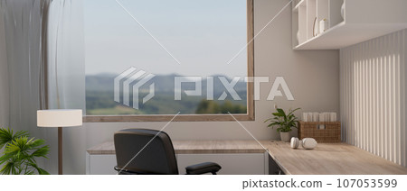 Interior design of a minimal Scandinavian home workspace with a minimal corner table 107053599