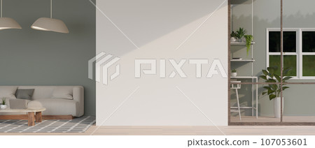 Empty mockup space on the white wall with a modern, trendy living room with the grey wall 107053601