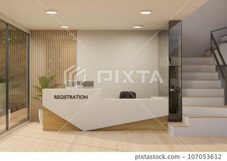 Interior design of a modern hospital or clinic reception area with registration counter. Interior design of a modern hospital or clinic reception area with registration counter. 107053612