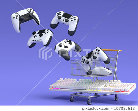 Gamer workspace and gear like mouse, keyboard, joystick, headset in shopping carts on violet background. 3d render concept of sale, discount, shopping and delivery of accessories for live streaming 107053618