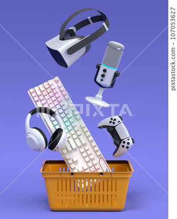 Flying gamer gears like mouse, keyboard, joystick, headset, VR Headset. web camera in plastic basket on violet background. 3d render of sale, shopping and delivery of accessories for live streaming Flying gamer gears like mouse, keyboard, joystick, headset, VR Headset. web camera in plastic basket on violet background. 3d render of sale, shopping and delivery of accessories for live streaming 107053627
