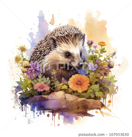 Cute hedgehog watercolor illustration AI image 107053630