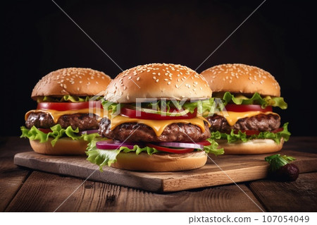 Close up of fresh tasty burgers, created with Generative AI technology. 107054049
