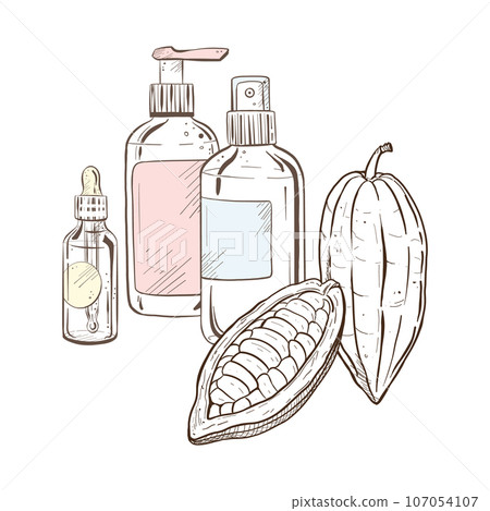 Vector illustration set of transparent containers and raw cocoa beans. Black outline of the bottles and unpeeled pods, graphic drawing. For postcards, design, printing, prints, posters, stickers, logo Vector illustration set of transparent containers and raw cocoa beans. Black outline of the bottles and unpeeled pods, graphic drawing. For postcards, design, printing, prints, posters, stickers, logo 107054107