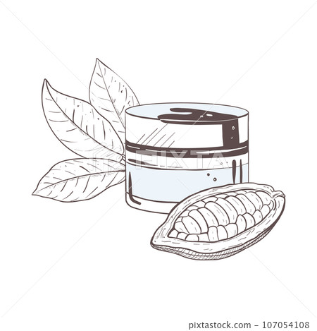 Vector illustration set of container, cocoa leaves and unpeeled cacao pod with seeds. Black outline of a jar of face cream, graphic drawing. For card, design, decoration, stamp, poster, banner, fabric Vector illustration set of container, cocoa leaves and unpeeled cacao pod with seeds. Black outline of a jar of face cream, graphic drawing. For card, design, decoration, stamp, poster, banner, fabric 107054108