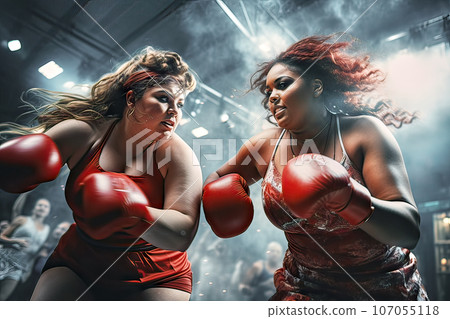 Action picture of heavyweight young women with red boxing gloves fighting in the brightly lit boxing ring Action picture of heavyweight young women with red boxing gloves fighting in the brightly lit boxing ring 107055118