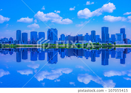 Osaka Umeda skyscrapers and Yodogawa River 107055415