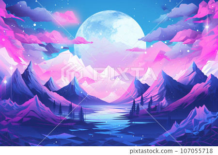 Vaporwave-style background of mountains, forests, moon, and sky (AI-generated image) 107055718