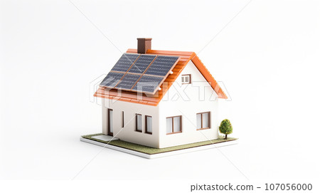 miniature house model with solar panel on roof on white background. smart home energy saving concept. generative AI miniature house model with solar panel on roof on white background. smart home energy saving concept. generative AI 107056000
