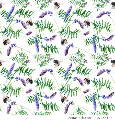 Seamless pattern with blue vetch and bumblebee. Watercolor illustration isolated on white for wrapping, fabric, textile 107056122