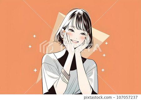 AI-generated image of a girl smiling with her hand on her face 107057237