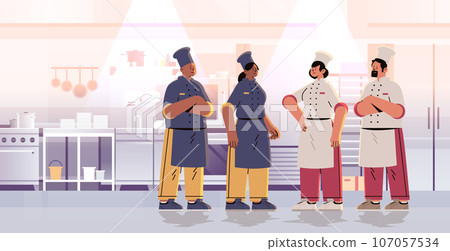 mix race professional restaurant culinary chefs or bakers in uniform food industry workers happy labor day celebration concept 107057534