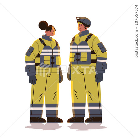 man woman firefighters in uniform emergency service happy labor day celebration concept vertical full length 107057574