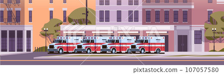 Fire station building fire department house facade and red emergency vehicle horizontal Fire station building fire department house facade and red emergency vehicle horizontal 107057580