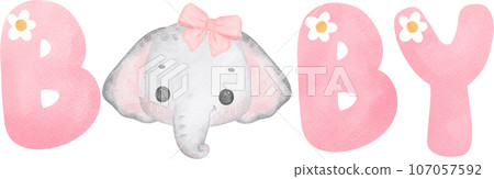 Cute baby shower elephant girl watercolor, baby word, kawaii animal nursery cartoon illustration 107057592
