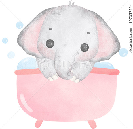 Cute baby shower elephant girl watercolor, kawaii baby elephant animal in bathtub nursery cartoon illustration 107057594