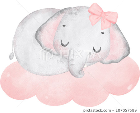 Cute baby shower elephant girl watercolor, kawaii baby elephant animal on cloud nursery cartoon illustration 107057599