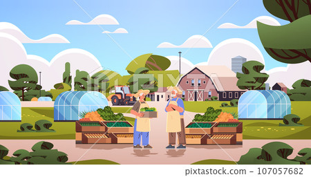 farmers holding basket full of fresh vegetables happy labor day celebration concept horizontal farmers holding basket full of fresh vegetables happy labor day celebration concept horizontal 107057682