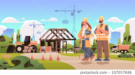architect and engineer in uniform discussing project during meeting construction of buildings concept builders working on construction site 107057686