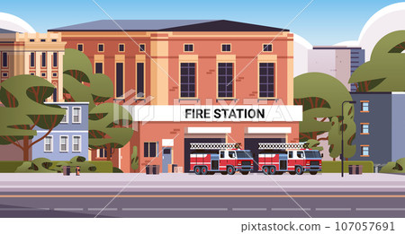 Fire station building fire department house facade and red emergency vehicle horizontal Fire station building fire department house facade and red emergency vehicle horizontal 107057691