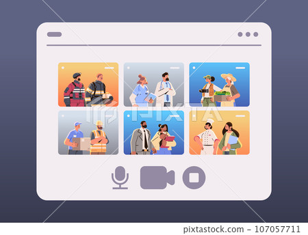 different occupation people discussing during video call diverse workers of various professions and specialists standing together happy labor day 107057711
