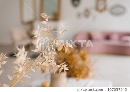 Dried flowers on a blurry background of a classic living room Dried flowers on a blurry background of a classic living room 107057943