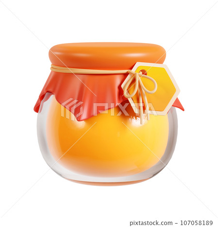 Glass jar with honey, cloth cap and hexagon honeycomb label. 3d render illustration of bee product in bottle covered with fabric. Cartoon icon of sweet natural organic food for autumn design. 107058189