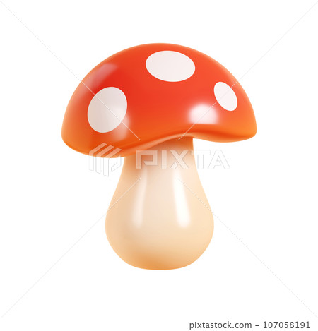 Mushroom fly amanita 3d render illustration. Cartoon autumn icon of fungus with light thallus and red spotted cap. Forest toadstool for fall seasonal natural concept. Mushroom fly amanita 3d render illustration. Cartoon autumn icon of fungus with light thallus and red spotted cap. Forest toadstool for fall seasonal natural concept. 107058191