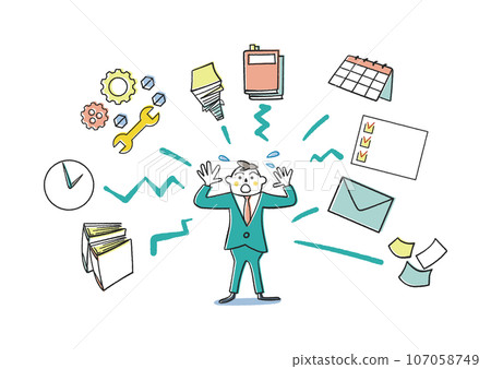 身穿西裝的商務人士對管理日程和任務感到困惑的插畫素材 107058749