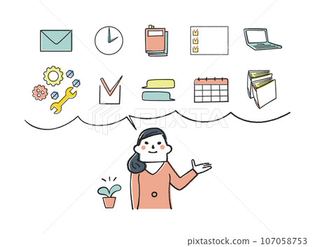 A set of female businesspeople who guide you on managing tasks in a relaxed and orderly manner - Illustration material 107058753