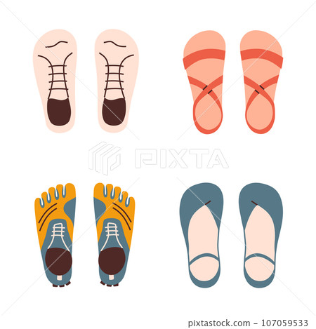 Barefoot shoes for different lifestyles, types of minimalist footwear, hand drawn set, doodle icons of toe shoes, sport sneakers, urban and dress shoes, vector illustrations, isolated colored clipart 107059533