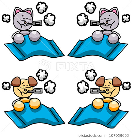 Illustration set of dog and cat who are not feeling well and have a fever. Illustration set of dog and cat who are not feeling well and have a fever. 107059603