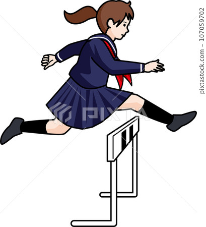 Female student jumping over hurdles 107059702
