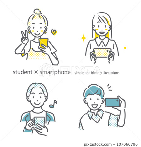 使用帶微笑的智能手機的年輕人 簡單時尚的線條藝術插圖 107060796