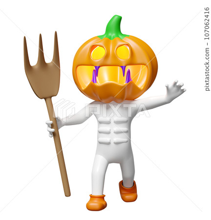 3d halloween holiday party with pumpkin head man hand holding fork isolated. 3d render illustration 3d halloween holiday party with pumpkin head man hand holding fork isolated. 3d render illustration 107062416