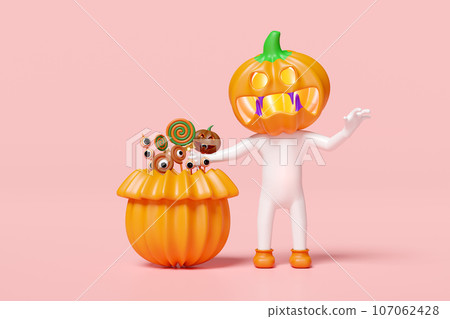 3d halloween holiday party with pumpkin head man hand holding sweet lollipop, pumpkin head snack basket isolated on pink background. 3d render illustration 107062428